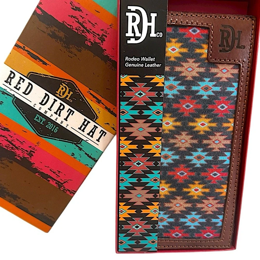 Red Dirt Hat Co Mens Rodeo Southwest Canvas Inlay Wallet Genuine Leather New